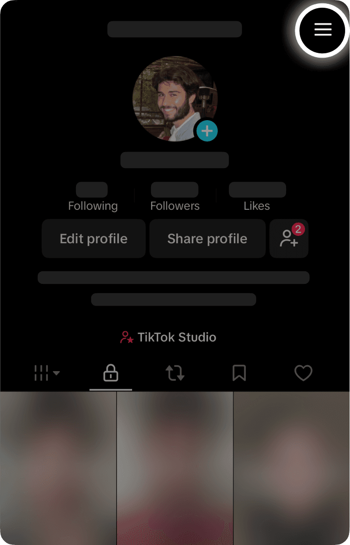 TikTok data download step 1: 1. Tap the hamburger menu (three lines) in the top right