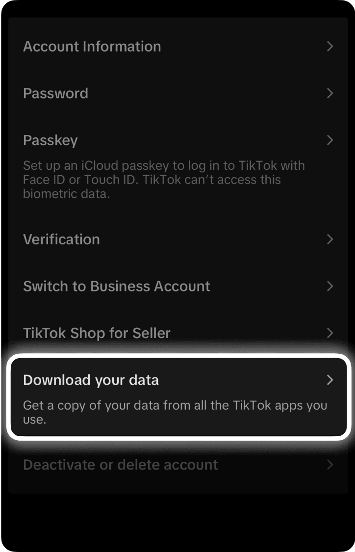 TikTok data download step 3: 3. Tap 'Download your data'